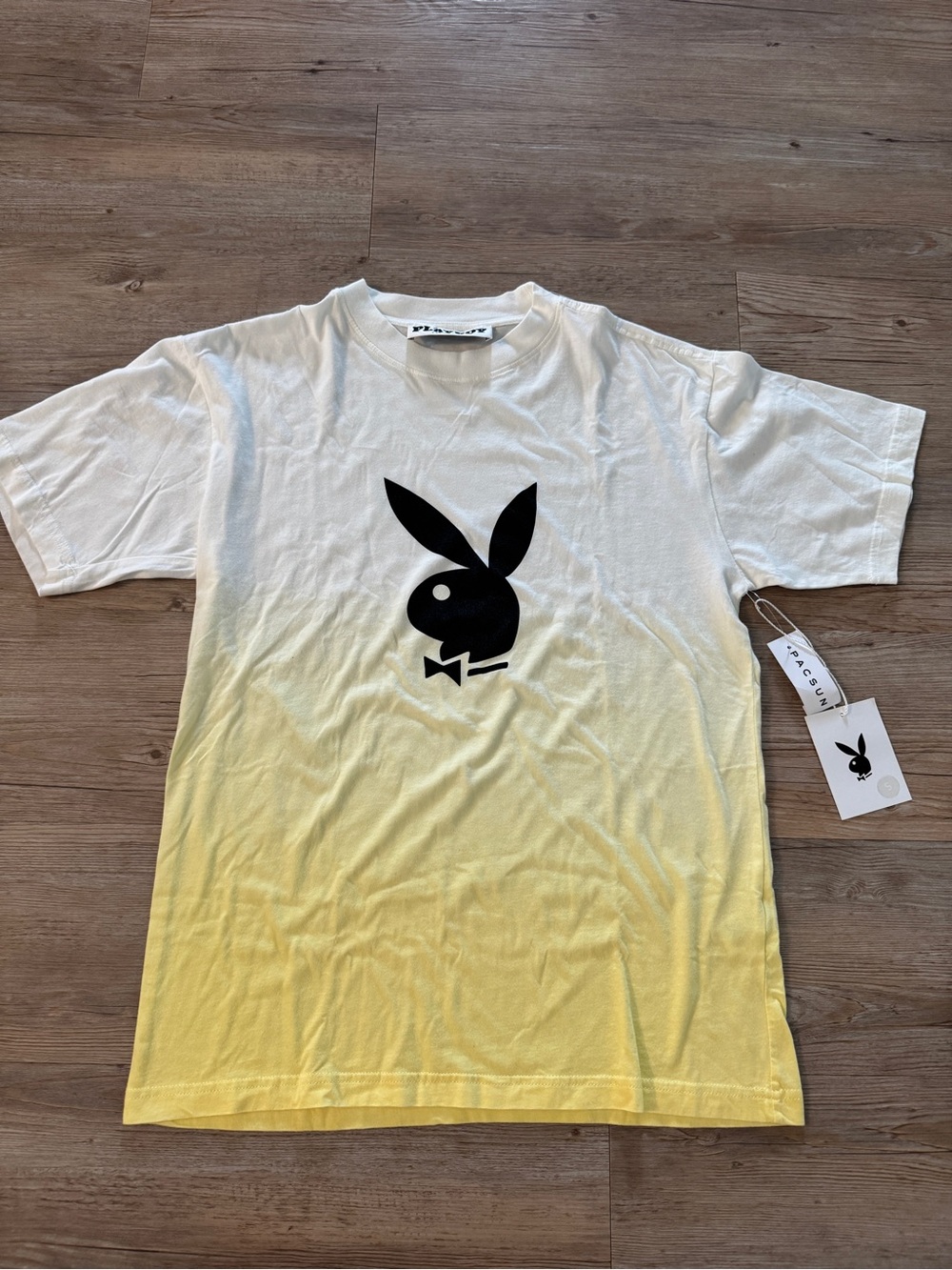 PLAYBOY White to Yellow Ombre Tee with Black Logo Men’s Small